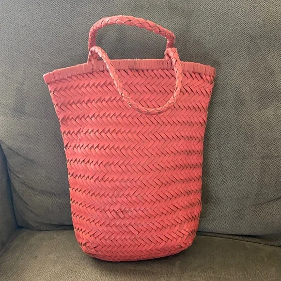 Anthropologie Woven Leather Market Bag Coral Pink Basket Tote Boho - Picture 2 of 10